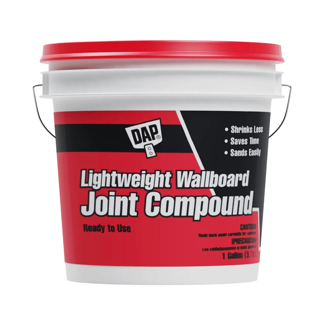 A white plastic bucket with a red lid labeled Go Build 12 lb. DAP Lightweight Wallboard Joint Compound - Pre-Mixed. Ready to use, this joint compound shrinks less, sands easily, and is ideal for gypsum panel joints. The bucket has a handle.